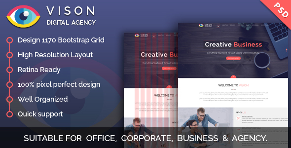Product preview supplied for Vision Digital Agency – Multipurpose One Page PSD Template