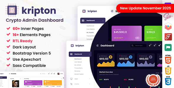 Kripton - Crypto HTML, React, Angular & Laravel Admin Dashboard Template + RTL Ready product preview