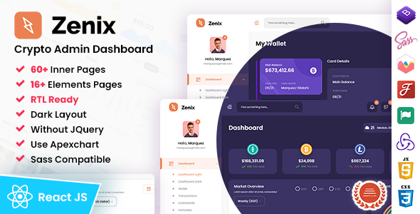 Product preview supplied for Zenix - React Redux Crypto Admin Dashboard Template