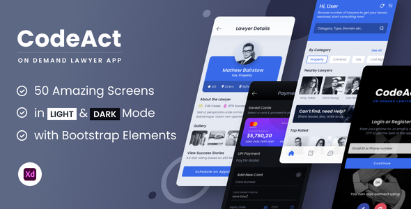 CodeAct | On Demand Lawyer, Mobile App and Landing Page UI Template For Adobe XD