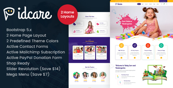 Product preview supplied for Pidcare - School Kidergarten HTML Template
