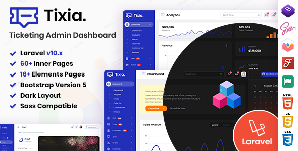 Tixia - Ticketing Admin Dashboard Laravel Bootstrap Template listing image