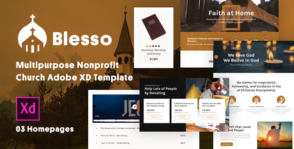 Product preview supplied for Blesso | Multipurpose Nonprofit Church Adobe XD Template