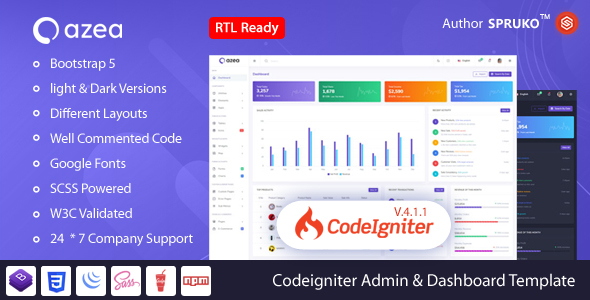 Azea – CodeIgniter Admin & Dashboard Template product preview