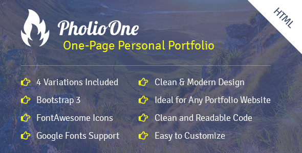 Pholio One - One Page Personal Portfolio HTML Template product preview