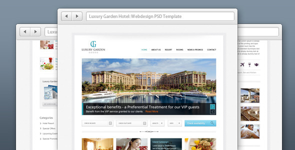 Luxury Garden Hotel Website PSD Template product preview