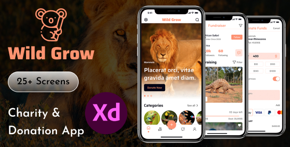 Charity & Donation App UI Kit XD Template - Wild Grow Non Profit Organization