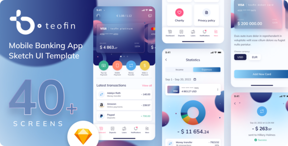 Product preview supplied for Teofin - Mobile Banking App Sketch UI Template