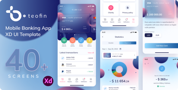 Product preview supplied for Teofin - Mobile Banking App XD UI Template
