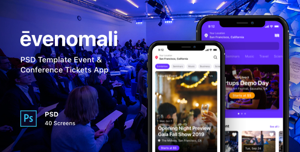 Evenomali - PSD Template Event & Conference Tickets App product preview