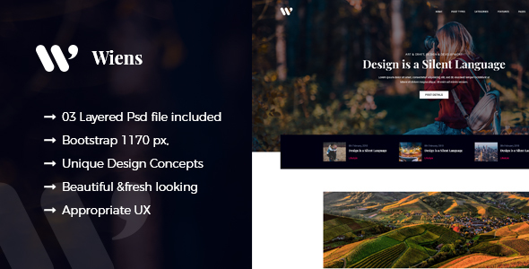 Product preview supplied for Wiens - Minimal Blog PSD Template