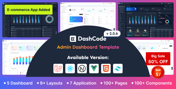Preview image for DashCode - React, Vuejs, NextJs, Laravel, HTML,Tailwind Dashboard Template