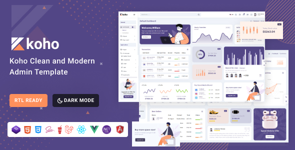 Koho - Bootstrap 5,  React, Angular, Vue, Asp.Net & Laravel 10  Dashboard Template product preview