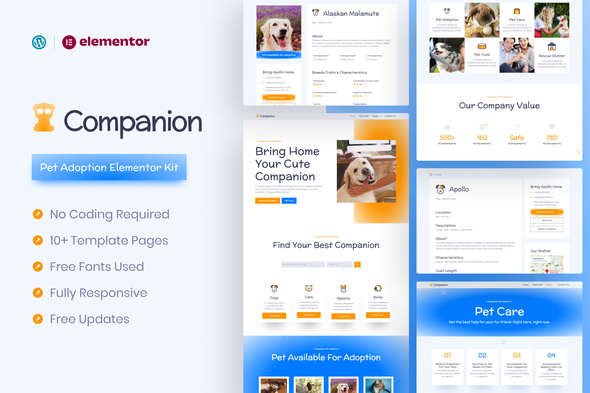 Product preview supplied for Companion Pet Adoption & Care Elementor Pro Template Kit