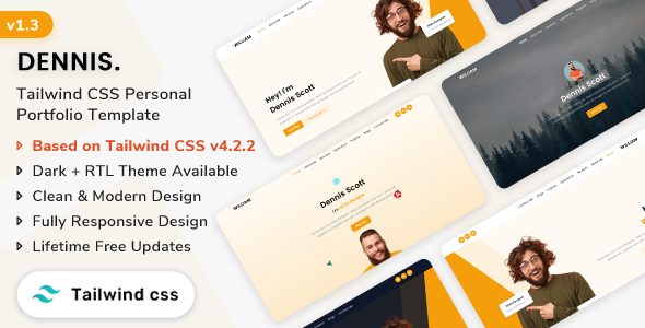 Dennis - Tailwind CSS Personal Portfolio Template (Tailwind CSS v4)