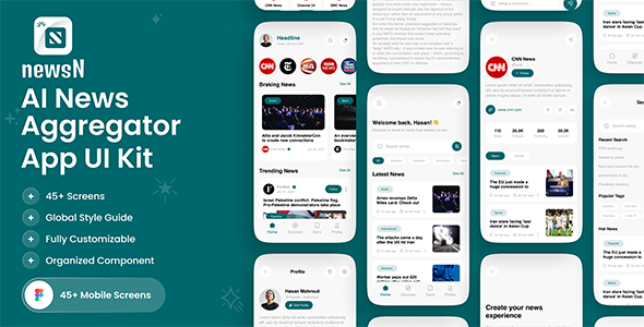 NewsN - AI News Aggregator Mobile App UI Kit product preview