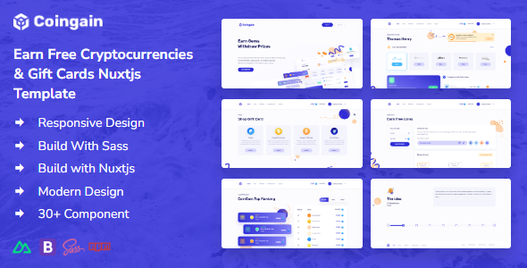 CoinGain - Earn Free Coins, Cryptocurrencies Gift Cards Vue Nuxt Template