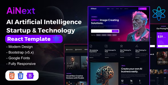 Product preview supplied for AiNext - AI Artificial Intelligence Startup & Technology React Template