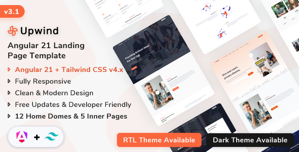 Upwind - Angular 21 Landing Template (Tailwind CSS v4 + Angular v21)