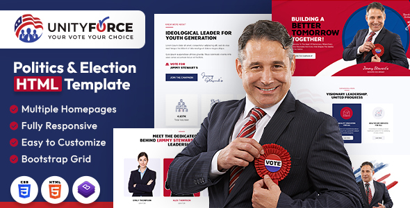 Product preview supplied for UnityForce | Politics & Election HTML Template