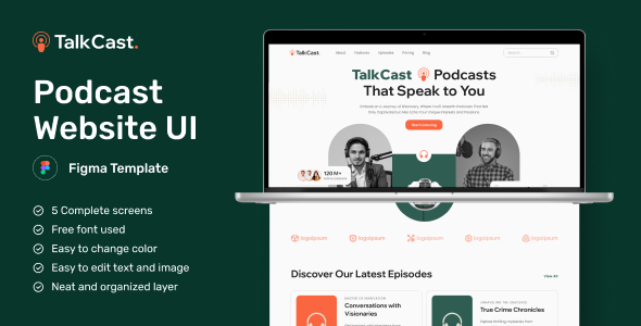 Product preview supplied for TalkCast - Podcast Website Figma Template