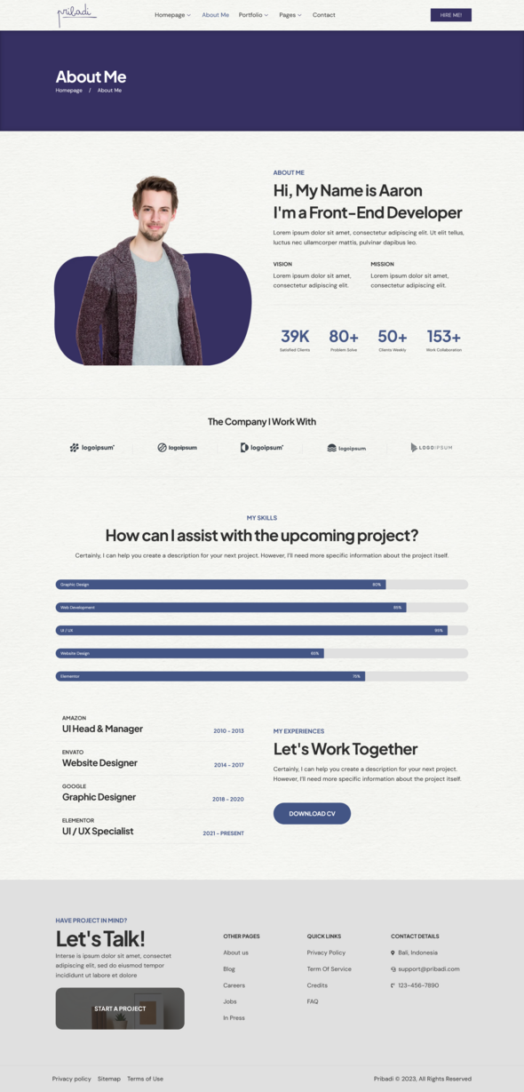 Pribadi - Personal Portfolio & Resume Elementor Template Kit
