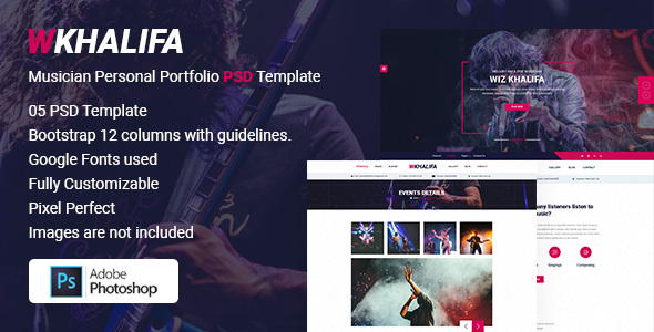 Wkhalifa – Musician Personal Portfolio PSD Template product preview