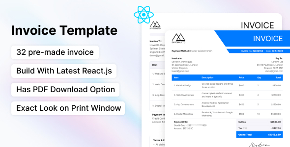 Preview image for Invoma - Invoice ReactJS Template