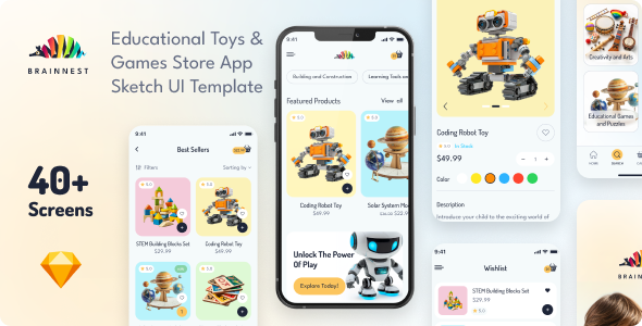 BrainNest - Educational Toys & Games Store App Sketch UI Template