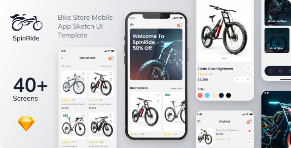 SpinRide - Bike Store Mobile App Sketch UI Template