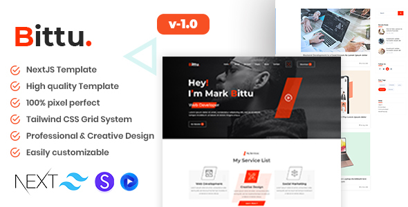 Bittu - Nextjs React Personal Portfolio/CV/Resume TailwindCSS Template listing image