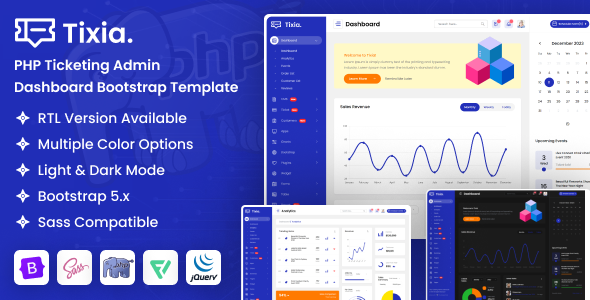 Tixia - PHP Ticketing Admin Dashboard Bootstrap Template product preview