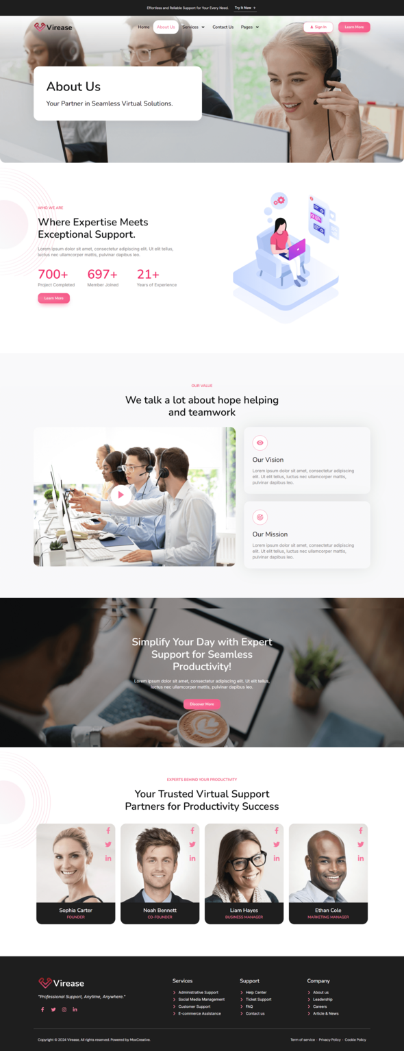 Product preview supplied for Virease - Virtual Assistant Service Elementor Pro Template Kit