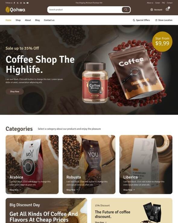 Qohwa - Coffee Shop & Store Ecommerce Elementor Pro Template Kit