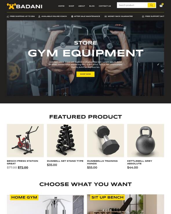 Badani - Gym Fitness Equipment Shop & Store WooCommerce Elementor Pro Template Kit