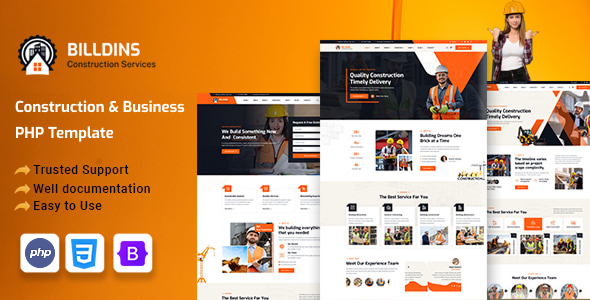 Product preview supplied for Billdins - Construction & Business PHP Template