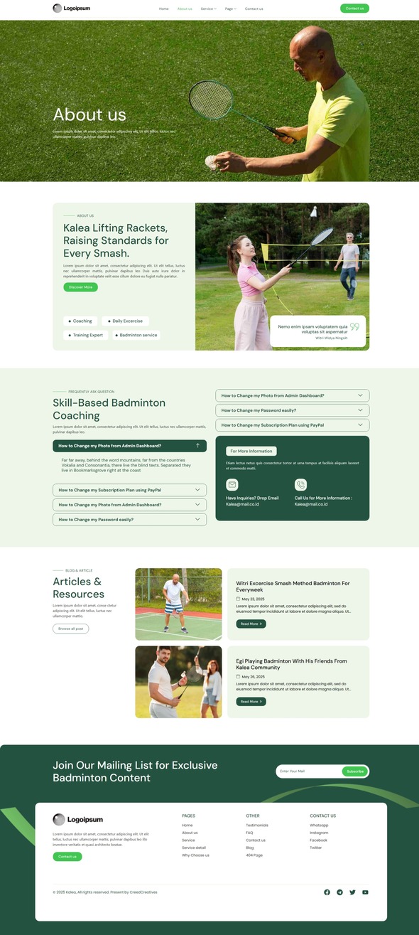 Kalea - Badminton School & Sports Club Elementor Pro  Template Kit