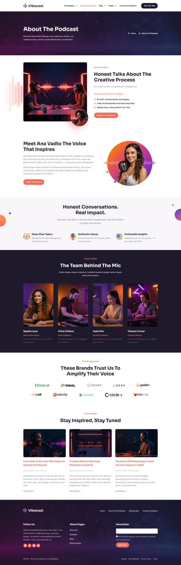Vibecast - Podcast Studio Elementor Pro Template Kit
