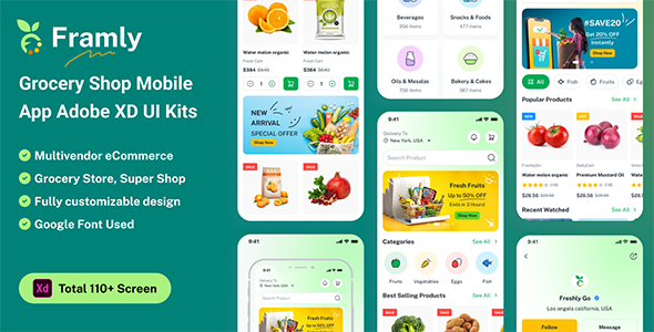 Framly – Grocery Shop Mobile App Adobe XD UI Kits