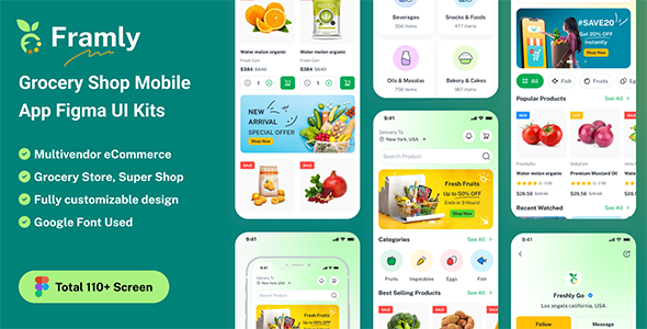 Framly – Grocery Shop Mobile App Figma UI Kits