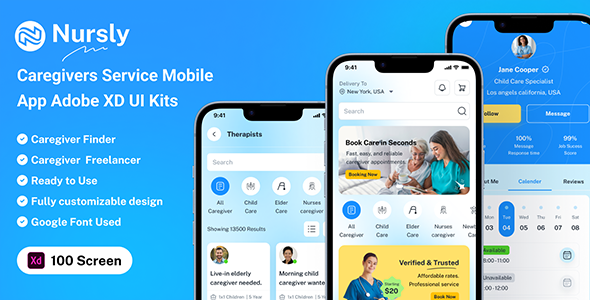 Nursly – Caregivers Services Mobile App Adobe XD UI Kits