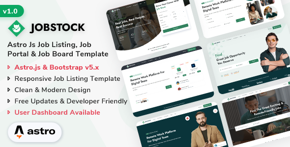 Preview image for JobStock - Astro Job Listing, Job Portal Landing & Admin Dashboard Template