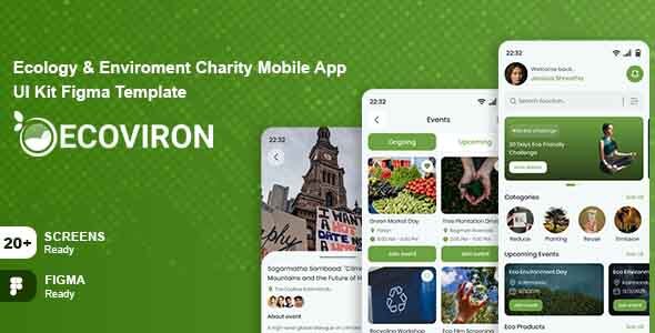 Preview image for Ecoviron -  Ecology & Enviroment Charity Mobile App UI Kit Figma Template