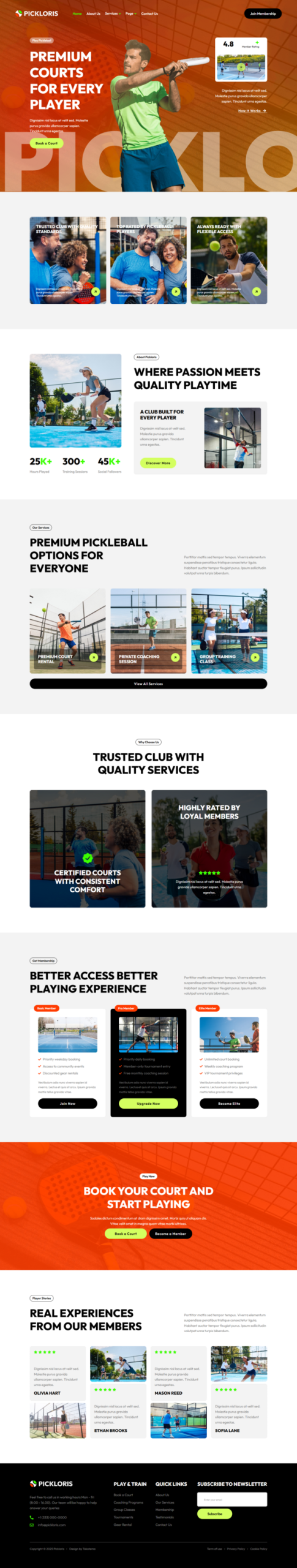 Pickloris - Pickleball Club & Rental Court Website Elementor Template Kit