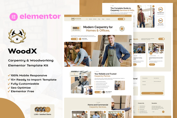 Woodx - Carpentry & Woodworking Elementor Template Kit listing image