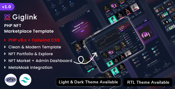 Giglink - PHP NFT Marketplace Landing + Admin Dashboard Template