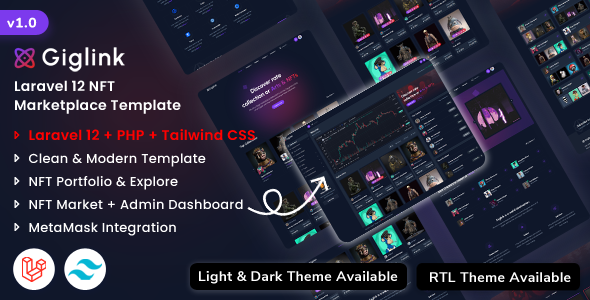 Giglink - Laravel 12 NFT Marketplace Landing + Admin Dashboard Template