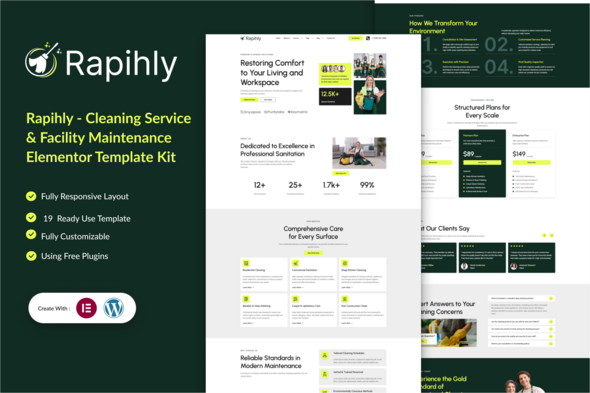 Rapihly - Cleaning Service & Facility Maintenance Elementor Template Kit product preview