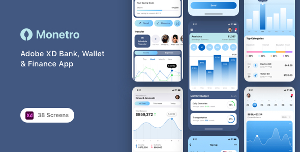 Monetro - Adobe XD Bank, Wallet & Finance App