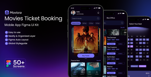 Moviora-Movies Ticket Booking Mobile App Figma Ui Kit